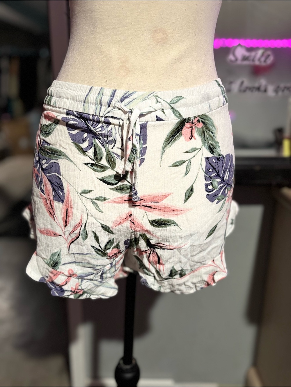 H&M White Floral Drawstring High Waist Shorts with Pink & Green